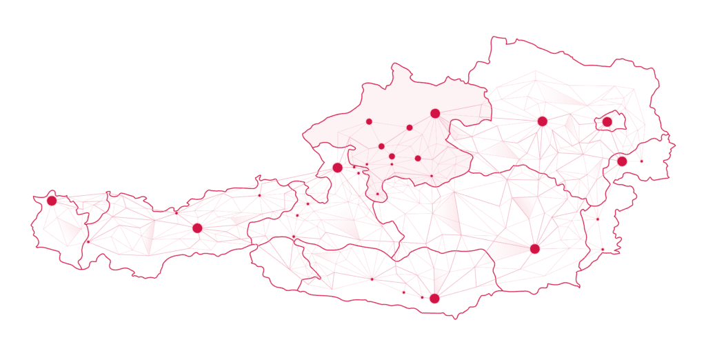 Eine rote Karte von Österreich mit Markierungen der Bundesländer und der größten Städte