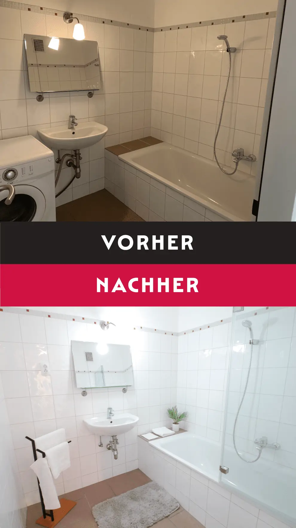 Eine Fotomontage mit Vorher-Nachher-Vergleich eines modernen Badezimmers mit weißen Fliesen und grauem Boden
