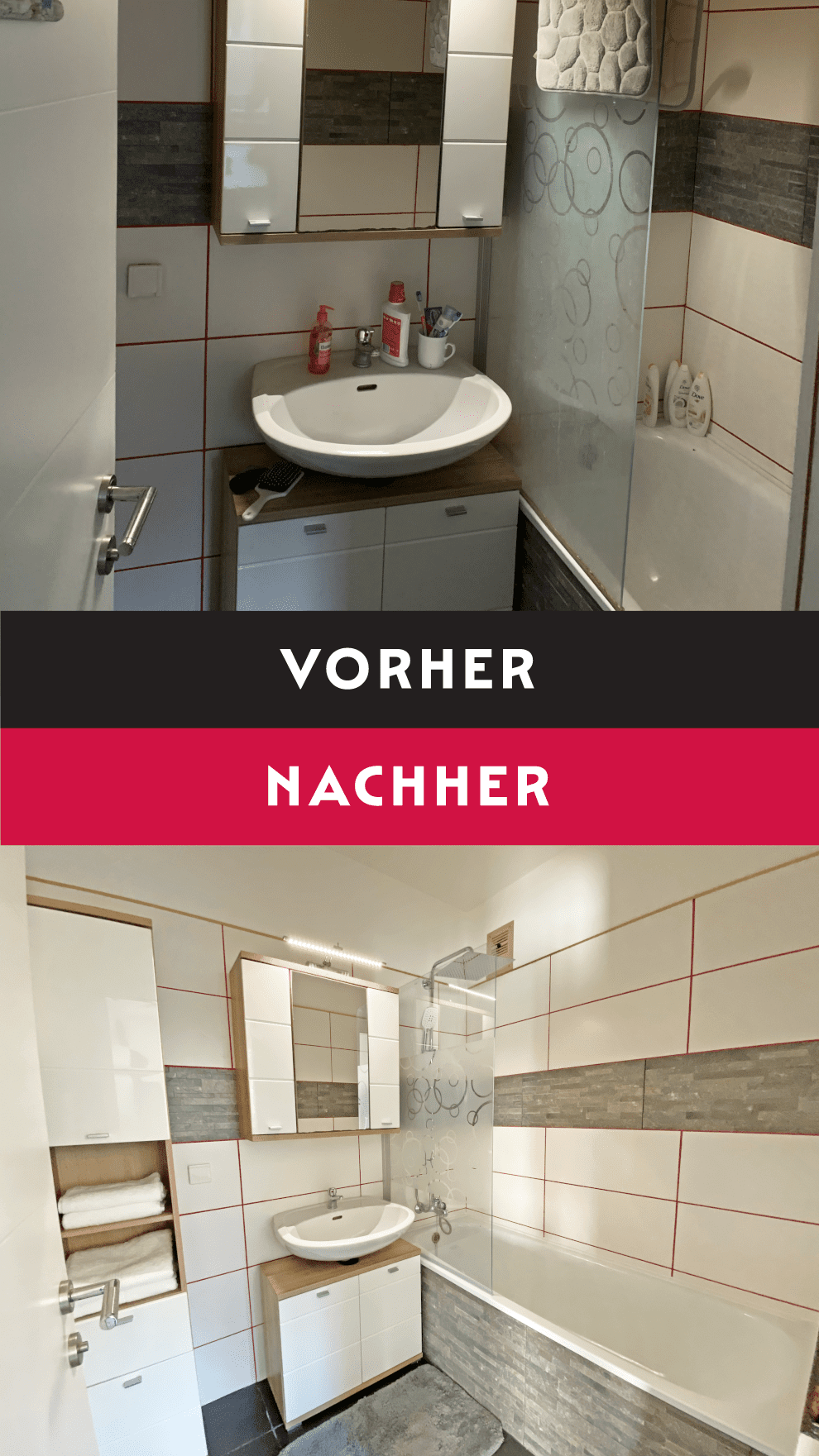 Eine Fotomontage mit Vorher-Nachher-Vergleich von einem Badezimmer mit weißen und grauen Fliesen und einer Badewanne
