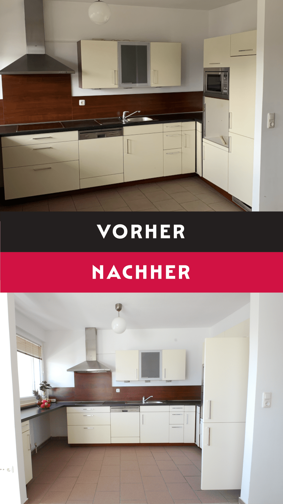 Eine Fotomontage mit Vorher-Nachher-Vergleich einer großen, weißen Küche mit grauem Boden, braunen Wandfliesen und einer großen Abzugshaube
