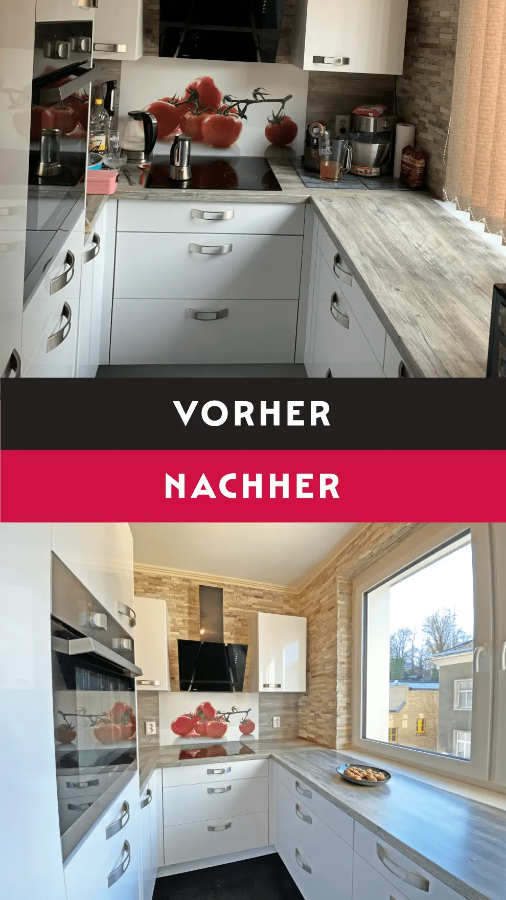 Eine Fotomontage mit Vorher-Nachher-Vergleich von einer modernen, weißen Küche mit grauer Arbeitsfläche