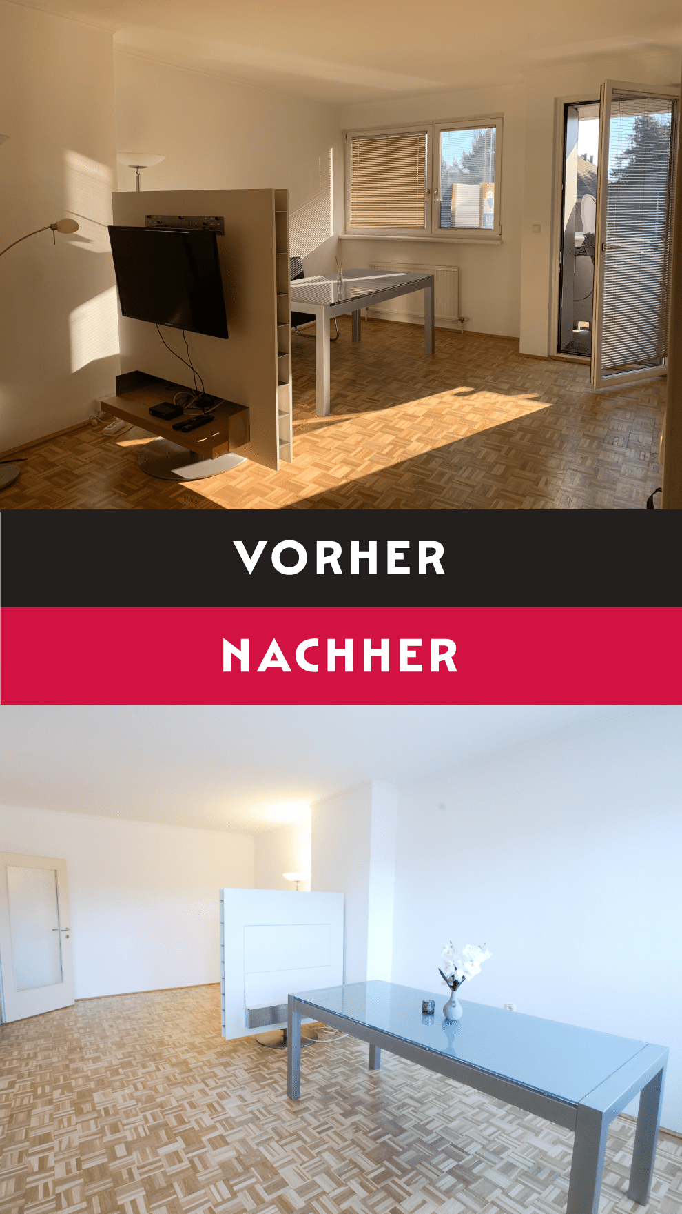 Eine Fotomontage mit Vorher-Nachher-Vergleich eines geräumigen Wohnzimmers mit quadratischem Parkettboden