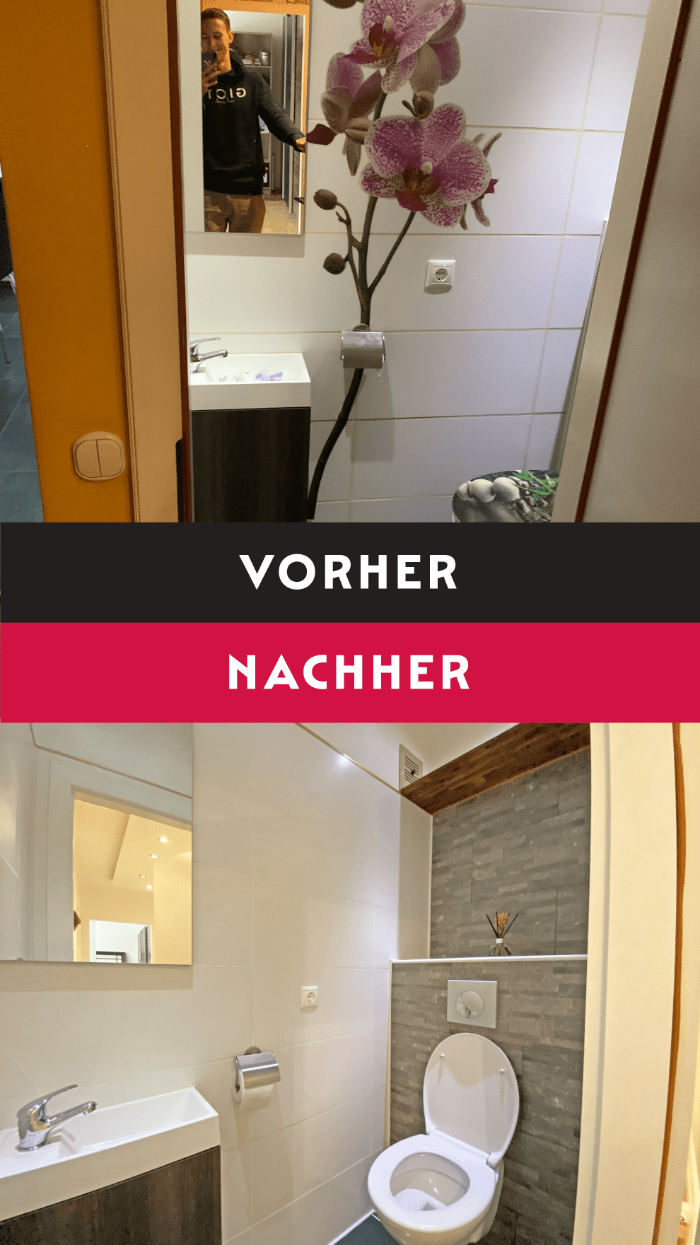 Eine Fotomontage mit Vorher-Nachher-Vergleich eines hellen Badezimmers mit grauer Wandgestaltung und dezenter Belichtung