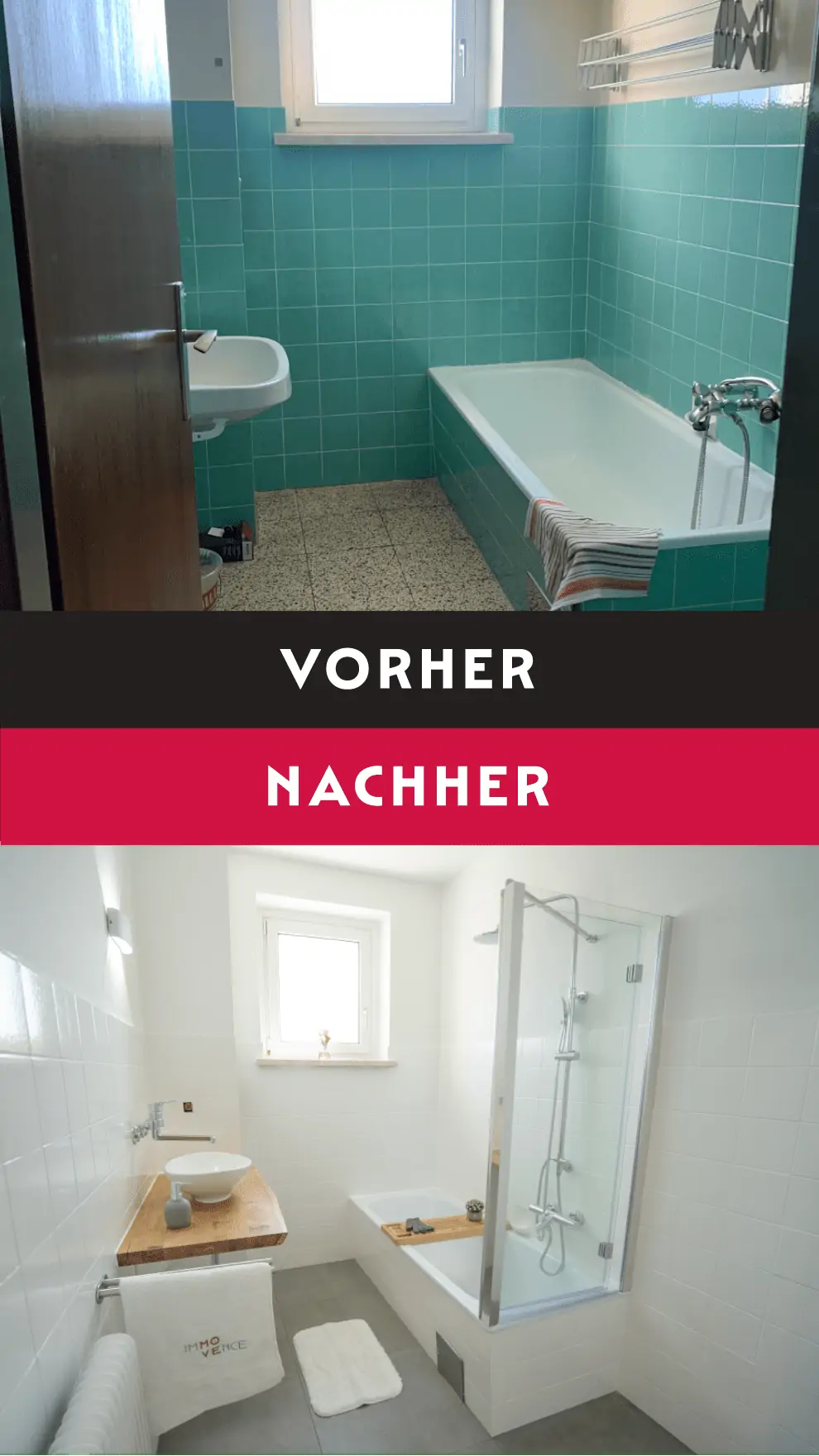 Eine Fotomontage mit Vorher-Nachher-Vergleich eines ursprünglich blau gefliesten Badezimmers