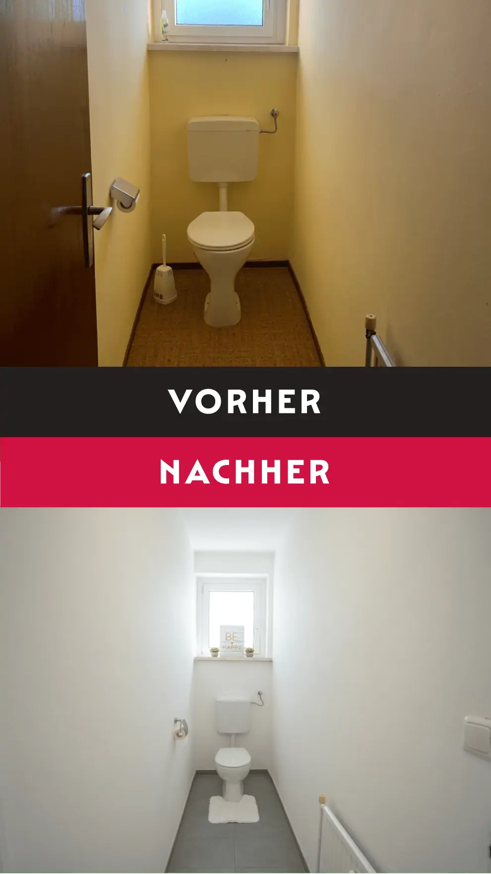Eine Fotomontage mit Vorher-Nachher-Vergleich einer Gästetoilette in einem schmalen Raum