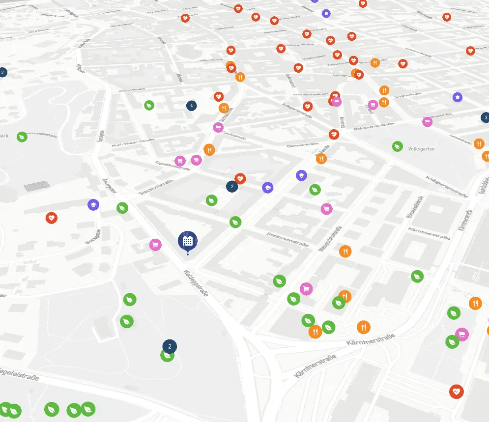 Grafik einer Stadt mit Umgebungsanalyse für Immobilien